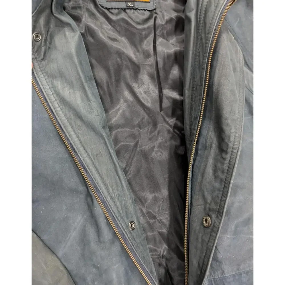 VINTAGE Mens I.O.U Leather Collection Blue Leather Lined Trench Coat Size XL‎